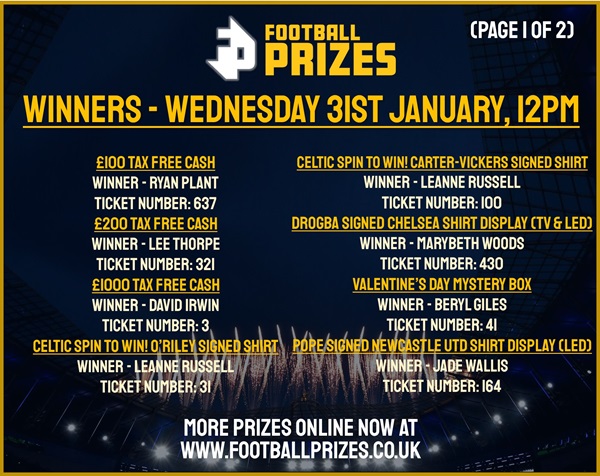1. WEDNESDAY 31ST JAN 2024 WINNERS