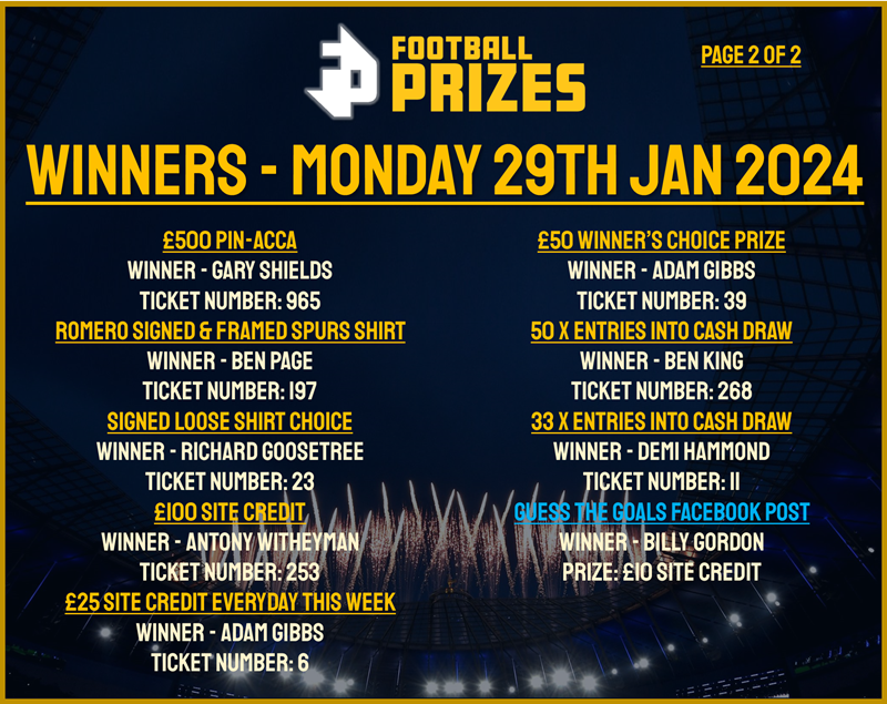 2. MON 29TH JAN 2024 WINNERS