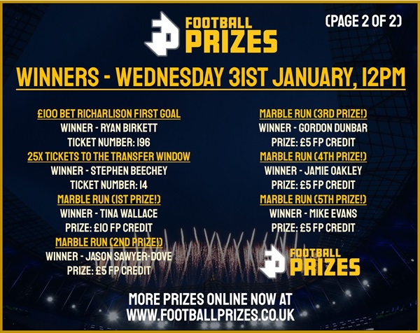 2. WEDNESDAY 31ST JAN 2024 WINNERS